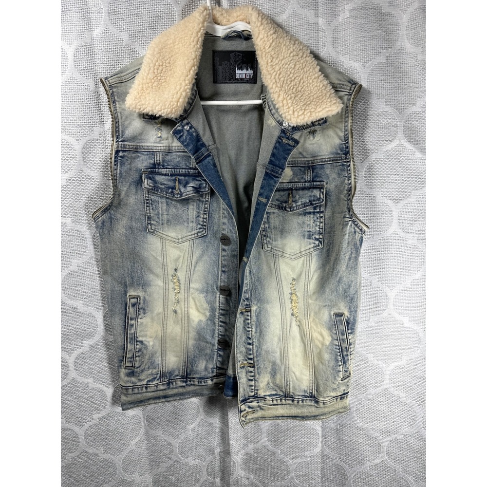 Denim City Vest Mens Blue Distressed Sherpa‎ Collar Sleeveless Jean Jacket